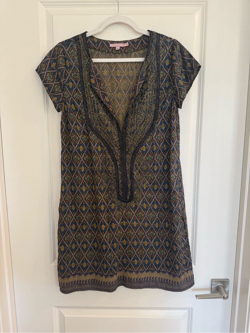 Calypso St. Barth Navy & Gold Fran Embellished Silk Shift Dress
